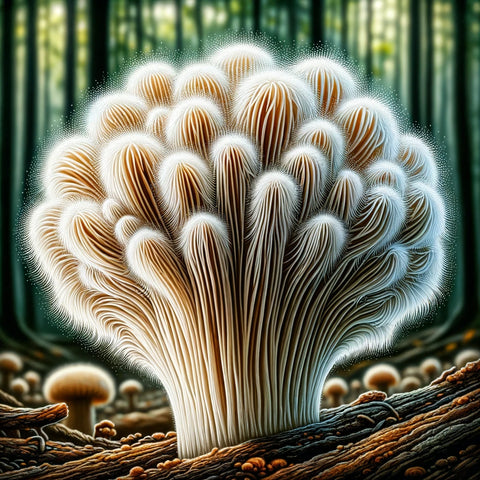 image, this time with a close-up view of a Lion's Mane mushroom, emphasizing its unique and intricate details.