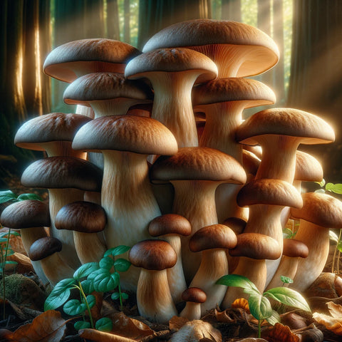 image showcasing King Oyster mushrooms, capturing their large, thick stems and small, brown caps in a natural forest setting, highlighting their robust structure and meaty texture.