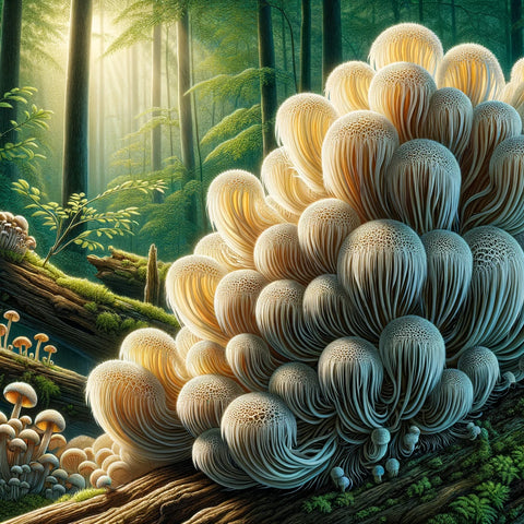 illustration showcasing Lion's Mane mushrooms in their lush, natural habitat, with a focus on their unique beauty and intricate details
