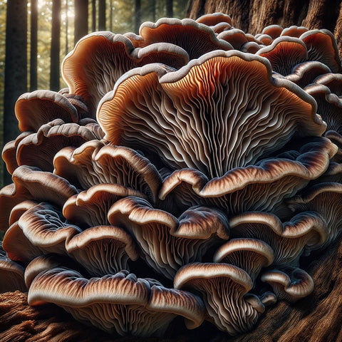 image of a Maitake mushroom, also known as Hen of the Woods, showcasing its unique ruffled, fan-shaped layers and natural hues in a forest setting.