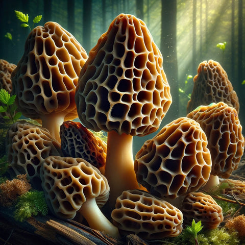 image of Morel mushrooms, featuring their distinctive honeycomb texture and natural forest habitat.