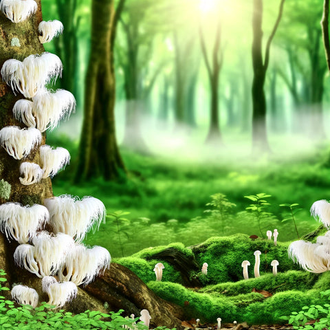 images showcasing the serene and natural landscape with Lion's Mane mushrooms. They illustrate the mushrooms' beauty and significance in their natural habitat, amidst a lush forest setting.