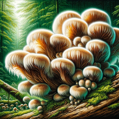 vibrant image featuring Lion's Mane mushrooms in their enchanting forest environment, highlighting their unique and mystical appearance