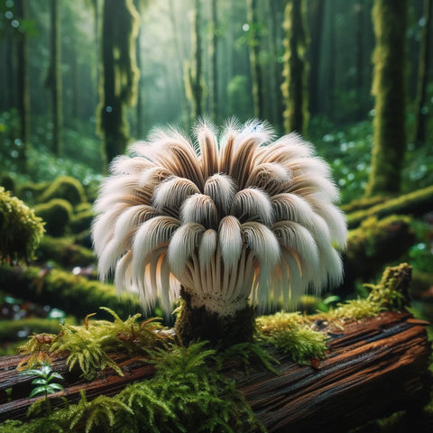 image of a Lion's Mane mushroom in its natural environment, capturing its unique characteristics and serene woodland habitat.