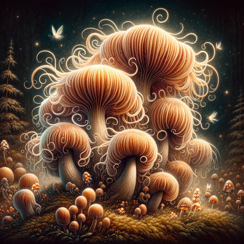 image featuring Lion's Mane mushrooms in a whimsical, fairy-tale style setting that adds a touch of magic and wonder.