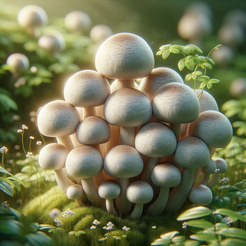 image showcasing a cluster of White Button mushrooms in a lush, green meadow, capturing their iconic round, white caps and the serene environment in which they thrive.