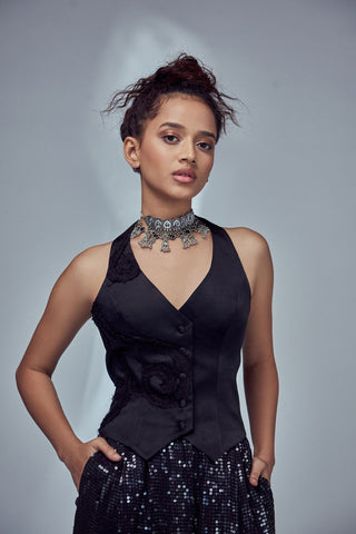 BLACK RUCHED WAISTCOAT