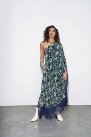 Blue Abstract Printed One Shoulder Kaftan