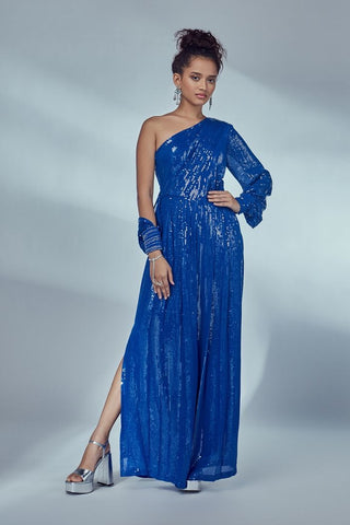 COBALT BLUE DRAPED SLEEVE JUMPSUIT