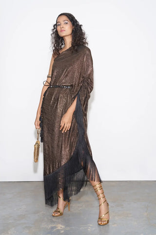 Copper Metallic One Shoulder Kaftan With Belt