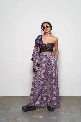 Fuchsia Abstract Printed Pleated Trouser