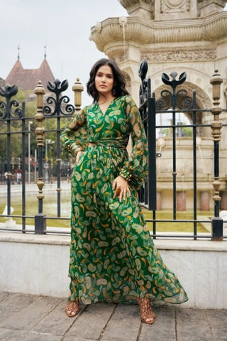 Green Paisley Cut-Out Maxi Dress