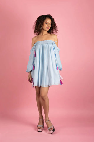 ICE BLUE SMOCKED OFF SHOULDER DRESS