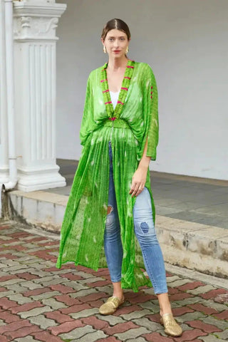 Lime-Green Bandhani Kimono Duster