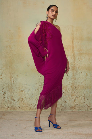 MAGENTA ONE SHOULDER DRAPE DRESS