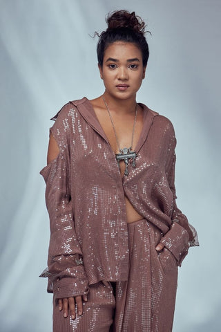 NUDE OVERSIZED COLD SHOULDER SEQUIN SHIRT