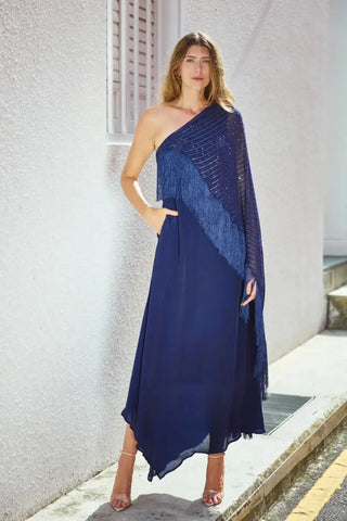 Navy One Shoulder Cape Dress