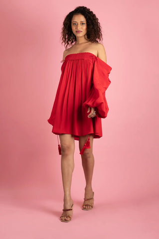 RED SMOCKED OFF SHOULDER DRESS