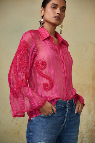 SHOCKING PINK RUCHED PAISLEY SHIRT