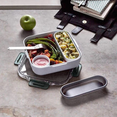 Płaski lunchbox z akcesoriami na sałatkę i inne dania - Black+Blum