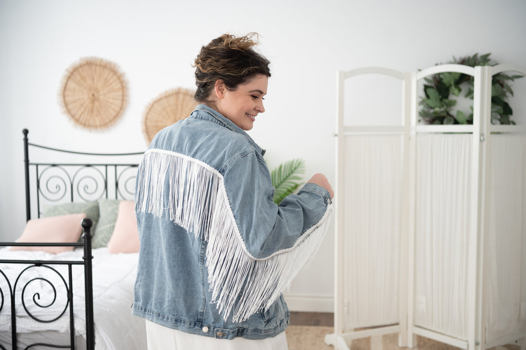 Cropped Bleached with Silver Fringe Custom Bridal Jacket – Something Blue  Denim Co.