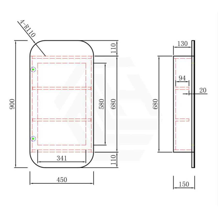 450X900Mm Vienna Wall Hung Squircle Shaving Mirror Cabinet Carita Finish For Bathroom Cabinets