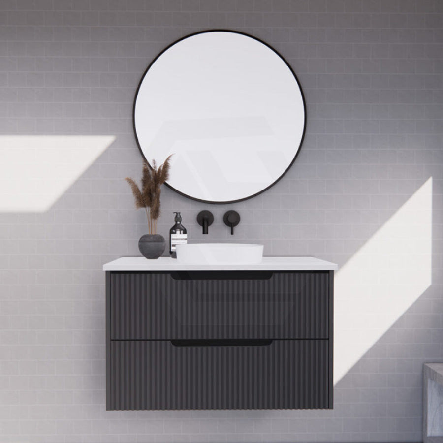 600-1500Mm Bali Wall Hung Bathroom Floating Vanity Matt Black Linear Fluted Cabinet Pvc Coating