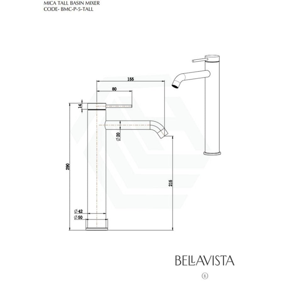 Bella Vista Mica Matt Black Tall Basin Mixer Tap Round Stainless Steel For Bathroom Mixers