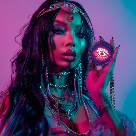 Beautiful woman holding an evil eye amulet