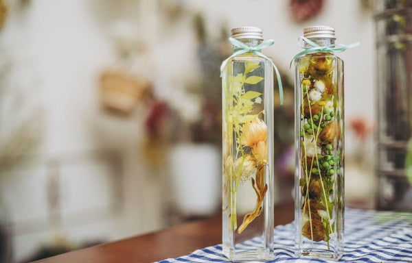 Plants suspended in small bottles filled with liquid