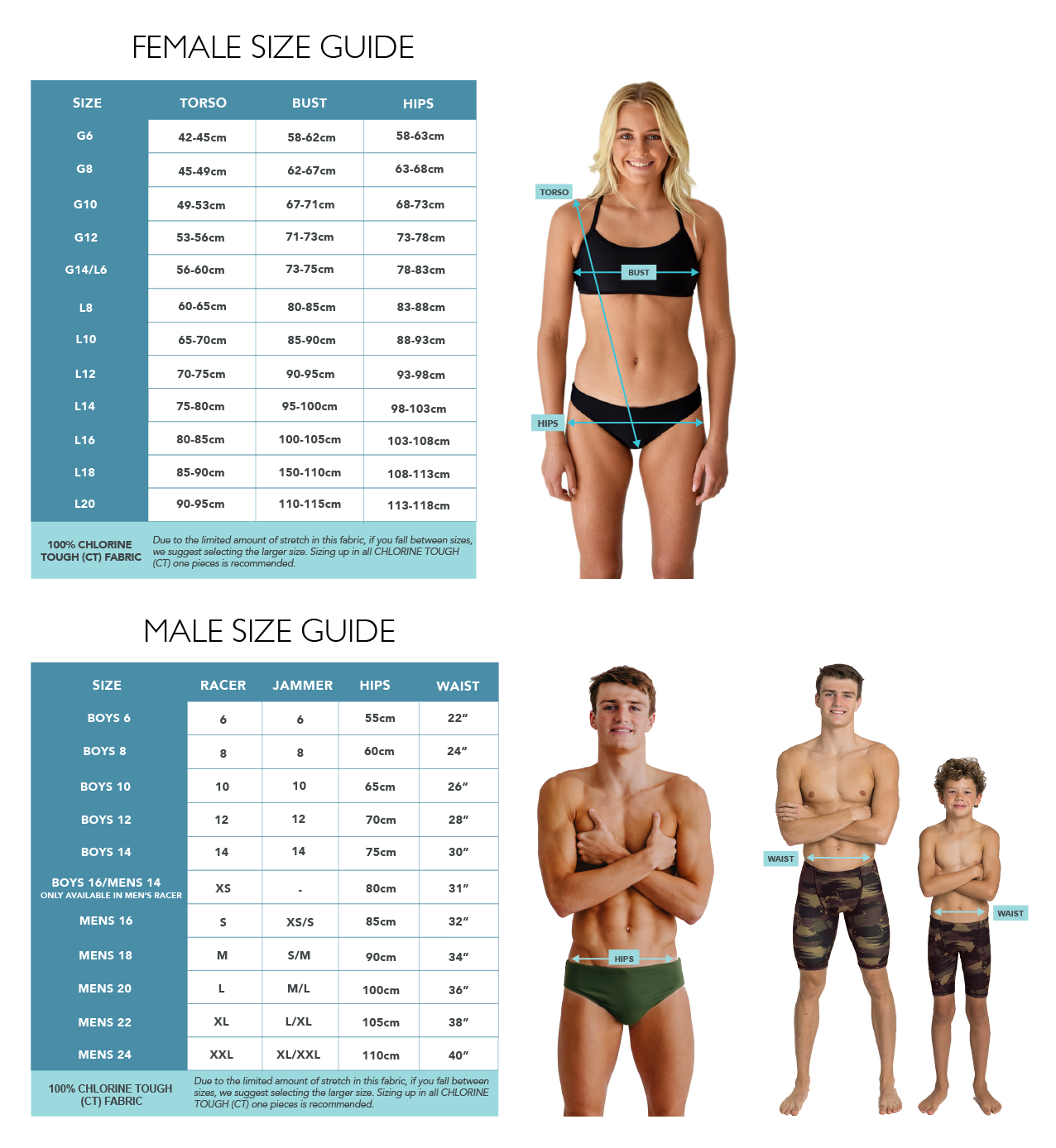 Kozii swimwear female and male size guide