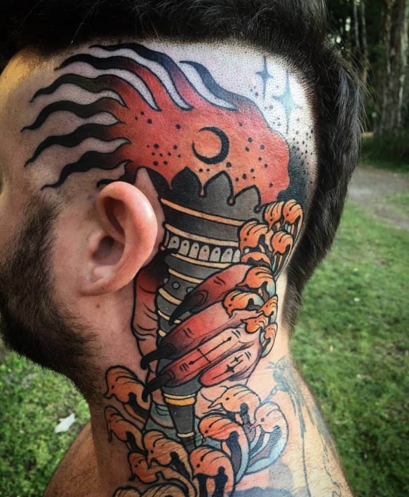Geometric tattoo on the back of the head