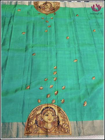Hand painted Kerala mural soft silk in green color