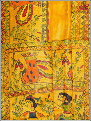 Gachi Tussar silk saree in bright Yellow with hand painted Madhubani