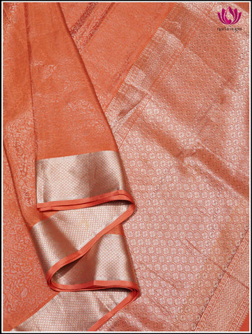 Mysore Silk Saree in Coral with floral brocade pattern in Silver Zari- Silkmark Certified