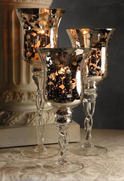 Silver Mercury Glass Pedestal Candle Holders with Twisted Stems Set of 3