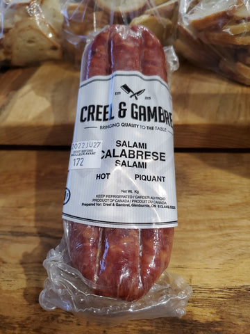 Red hot thick stick of spicy calabrese salami. 