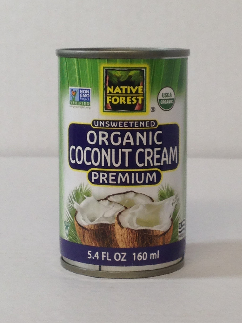 Small green and blue can containing 160 millilitres of unsweetened, Organic Coconut Cream.  
