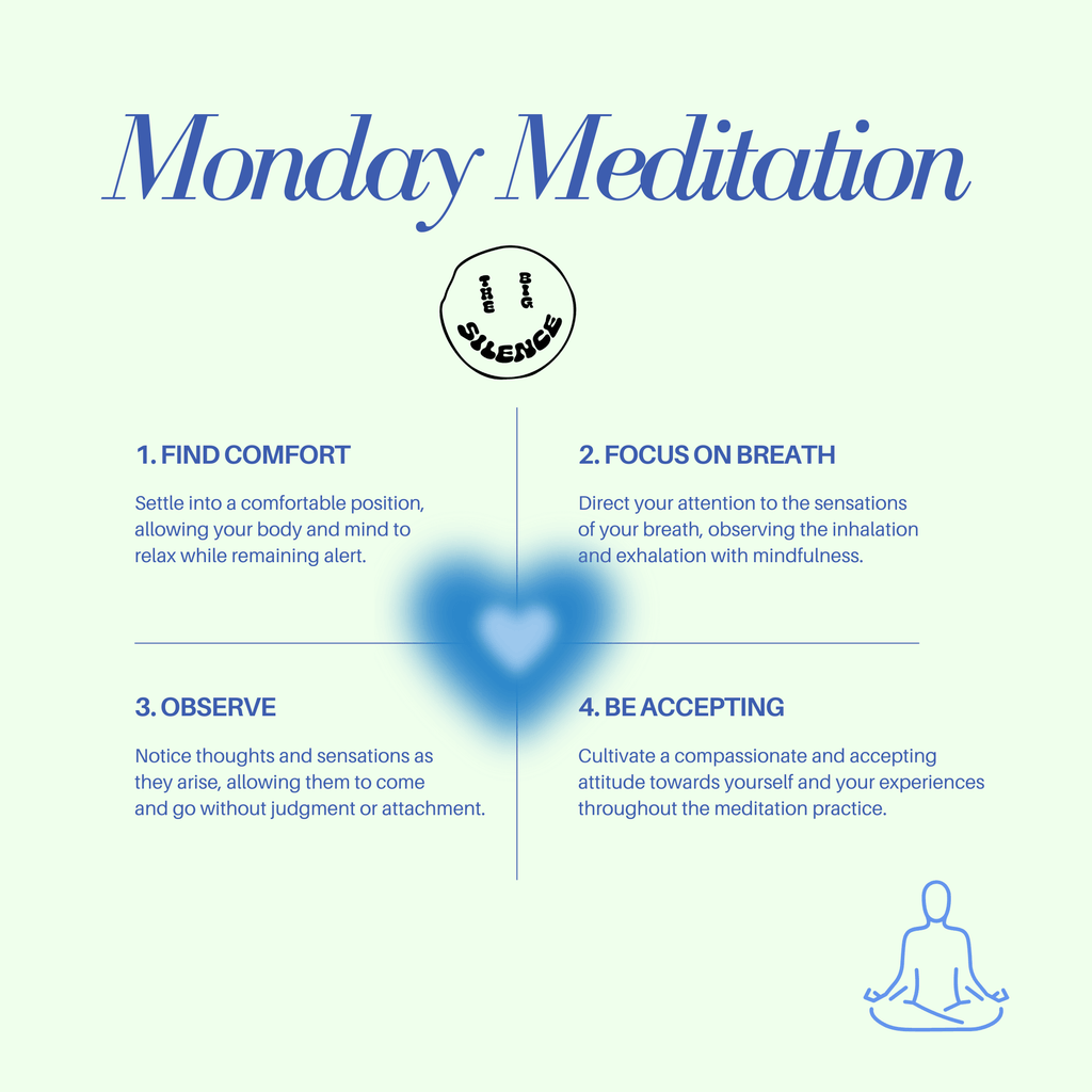 Monday meditation image with the steps to meditate 1. Find Comfort 2. Focus on breath 3. Observe 4. Be Accepting