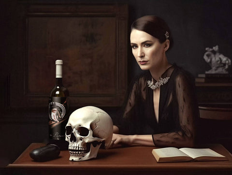 original artwork by Cody Jone painting of a woman sitting at a desk with a skull and a bottle of The Patient