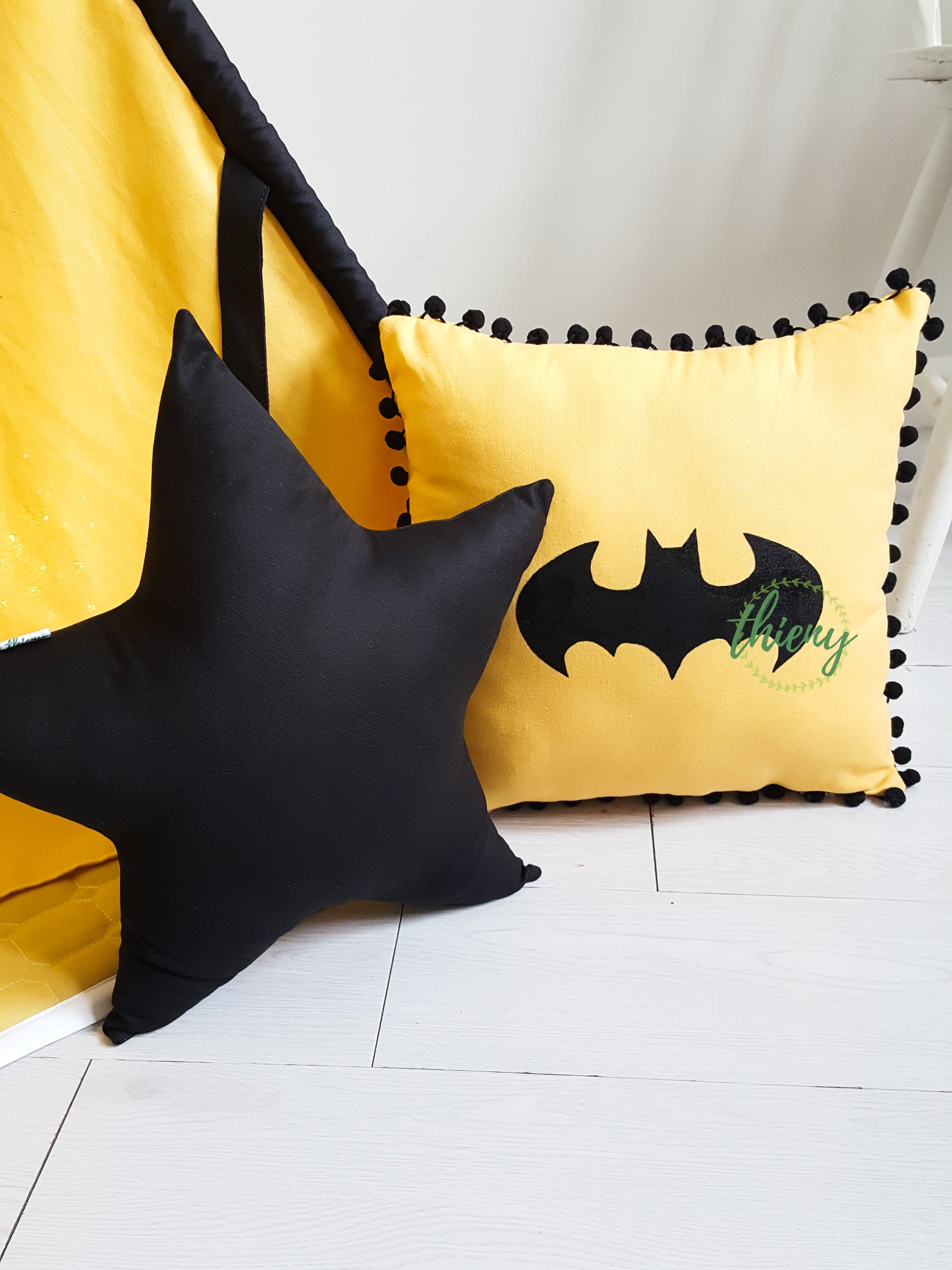 Batman pillow handmade 100% cotton stuffed with pompom – thienyteepee