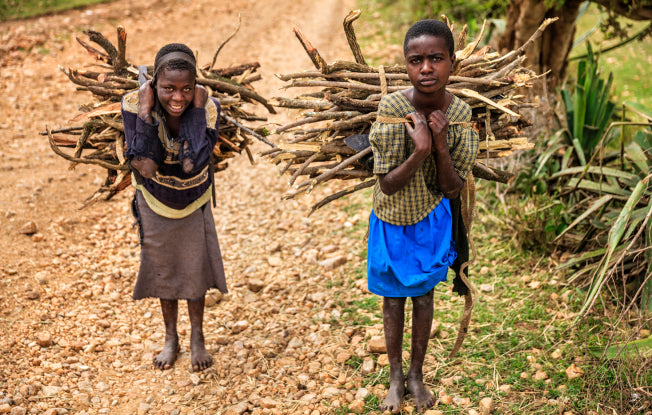 Alt: Two young barefoot African girls carrying sticks on their backs