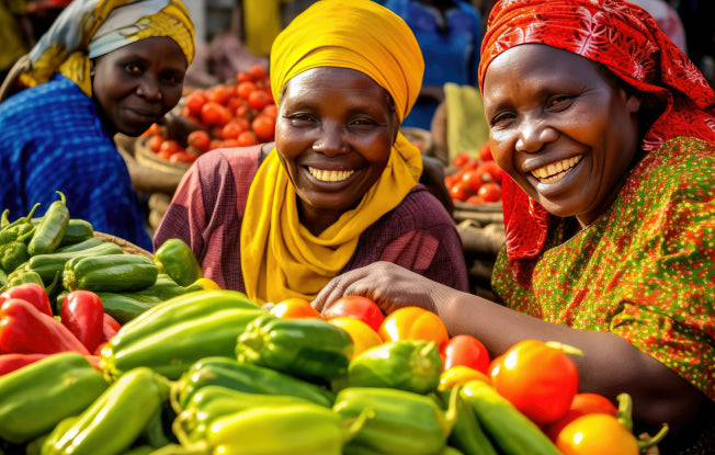 Alt: Three smiling African women at a market with fresh, colorful vegetables