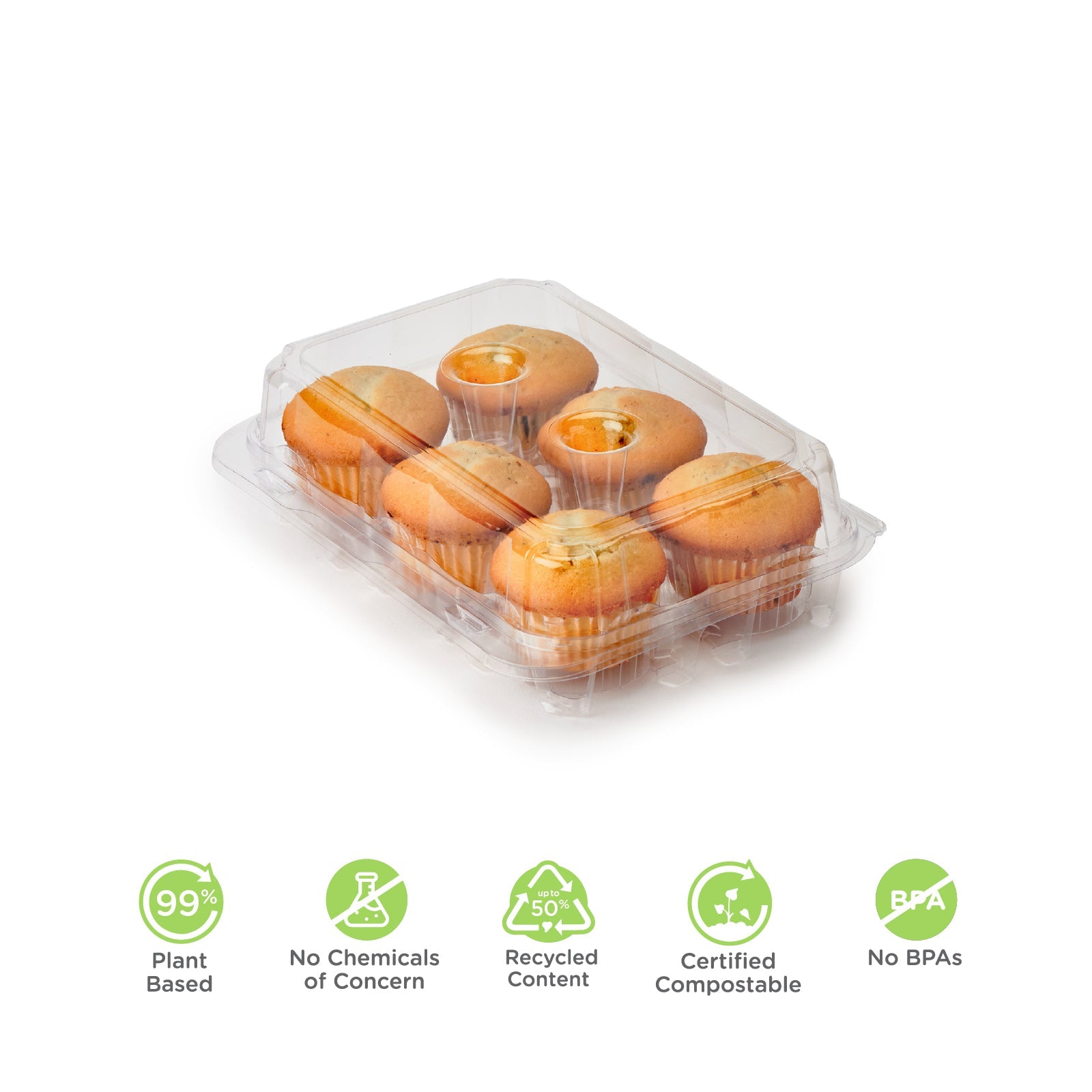 6 Cupcake & Muffin Container | Bioplastic Box for 6 Count 2.75 Cupcakes Items / Case: 300 / Crystal Clear Made by Good Natured Products Inc.