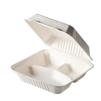 100% Compostable Clamshell Take Out Food Containers [8X8 3-Compartment 50-Pack]