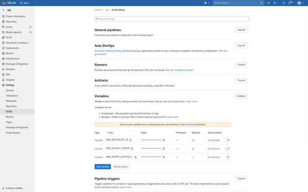 Consola de administración para la configuración de la canalización en GitLab