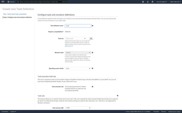 Configuración para definir el contenedor y las tareas