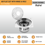 Air Square Flat Cut Floor Drain (5 x 5 Inches) with Hinge, Hole and Cockroach Trap (304 Grade) - by Ruhe®