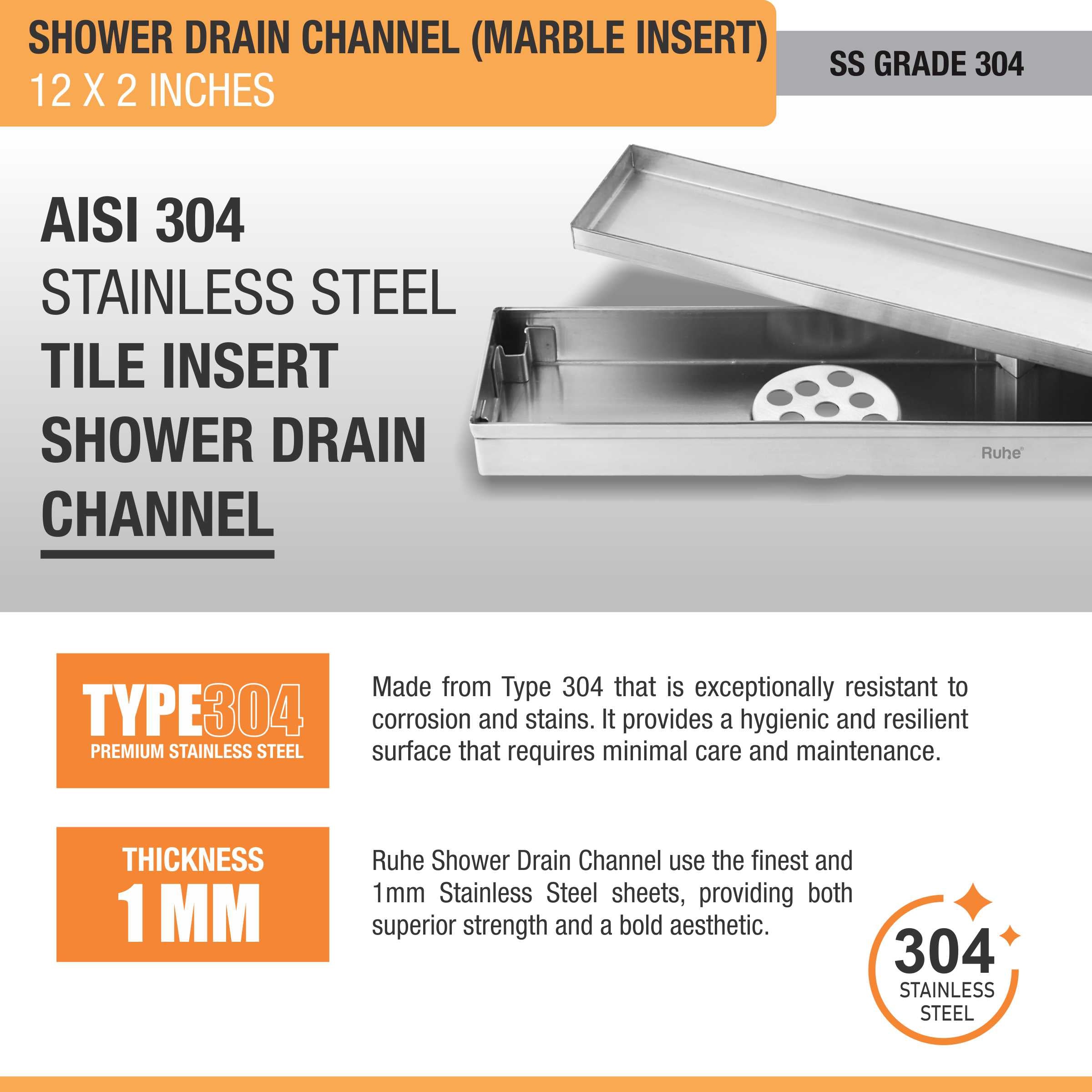 Marble Insert Shower Drain Channel (12 x 2 Inches) (304 Grade) stainless steel