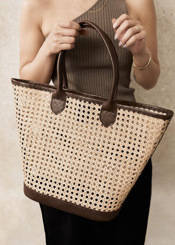 Margot Natural Rattan and Black Leather Tote